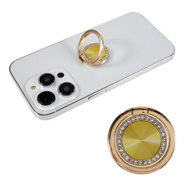 Rhinestone Decor Phone Ring Kickstand Holder CD Veins Rotation Metal Finger Grip Ajustável Suporte para Celular - Amarelo