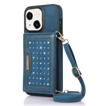 Capa com Carteira Rhinestone Decor para iPhone 14 Plus - Azul