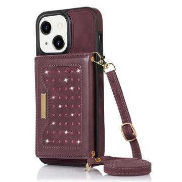 Capa com Carteira Rhinestone Decor para iPhone 14 Plus - Vinho Vermelho