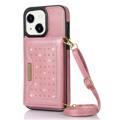 Capa com Carteira Rhinestone Decor para iPhone 14 Plus - Cor-de-Rosa Dourado