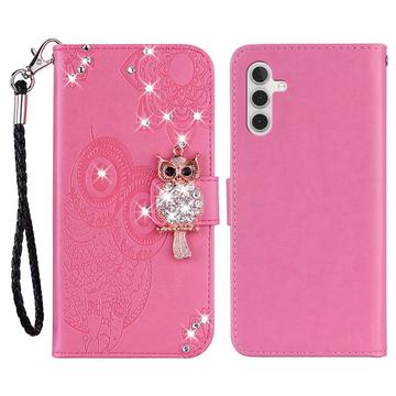 Capa para carteira Samsung Galaxy A15 Owl Rhinestone - Cor-de-Rosa Forte