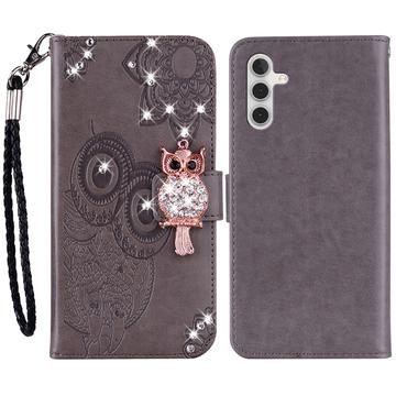 Capa para carteira Samsung Galaxy A35 Owl Rhinestone - Cinzento