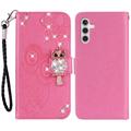 Capa para carteira Samsung Galaxy A35 Owl Rhinestone - Cor-de-Rosa Forte