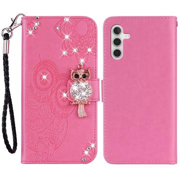 Capa para carteira Samsung Galaxy A35 Owl Rhinestone - Cor-de-Rosa Forte