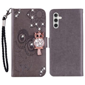 Capa para carteira Samsung Galaxy A54 5G Owl Rhinestone - Cinzento