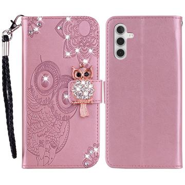 Capa para carteira Samsung Galaxy A55 Owl Rhinestone - Rose Gold