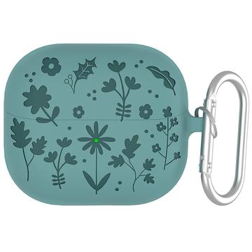 Samsung Galaxy Buds3/Buds3 Pro Capa de silicone líquido com padrão de flores e mosquetão - Verde escuro