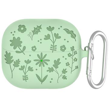 Samsung Galaxy Buds3/Buds3 Pro Capa de silicone líquido com padrão de flores e mosquetão - Verde