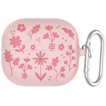 Samsung Galaxy Buds3/Buds3 Pro Capa de silicone líquido com padrão de flores e mosquetão - Rosa claro