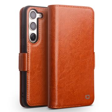 Capa de Pele Tipo Carteira Qialino Classic para Samsung Galaxy S23 5G - Castanho Claro