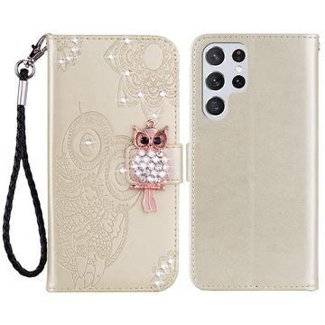 Capa de carteira com strass de coruja para Samsung Galaxy S24 Ultra - Ouro