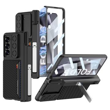 Capa híbrida magnética Samsung Galaxy Z Fold6 GKK com suporte para cartões e câmara deslizante - Fibra de carbono