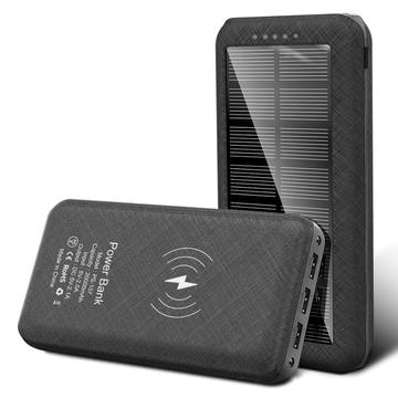 Banco de energia solar 20000mAh com carregamento sem fios, 3 portas USB, lanterna LED dupla - Preto