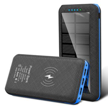 Banco de energia solar 20000mAh com carregamento sem fios, 3 portas USB, lanterna LED dupla - Azul / Preto