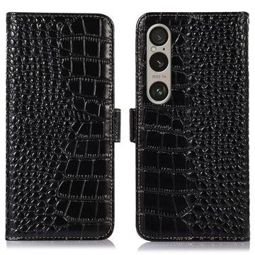 Bolsa de Pele Tipo Carteira Crocodile com RFID para Sony Xperia 1 VI - Preto