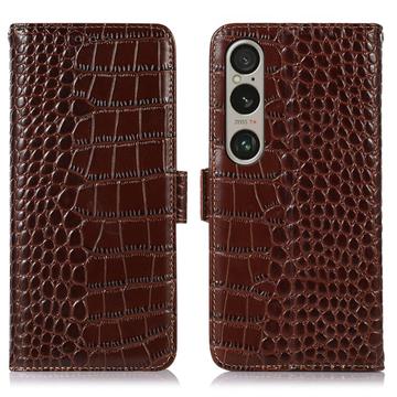 Bolsa de Pele Tipo Carteira Crocodile com RFID para Sony Xperia 1 VI