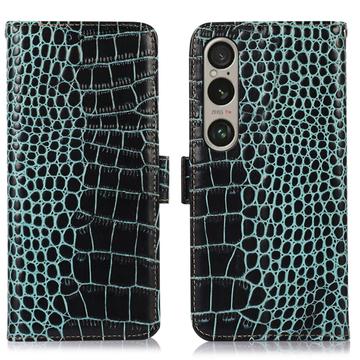 Bolsa de Pele Tipo Carteira Crocodile com RFID para Sony Xperia 1 VI - Verde