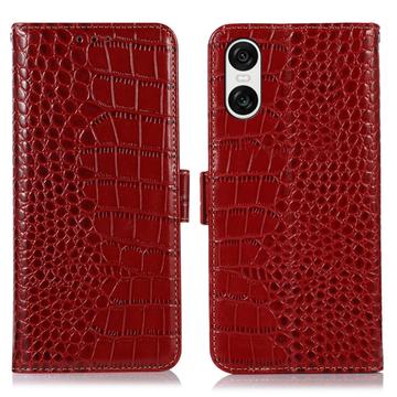 Bolsa de Pele Tipo Carteira Crocodile com RFID para Sony Xperia 10 VI