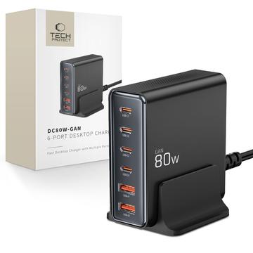 Carregador de secretária Tech-Protect DC80W GaN de 6 portas com 4x PD USB-C, 2x QC 3.0 USB-A - Preto