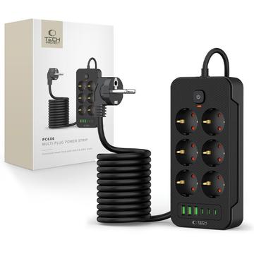 Extensão de alimentação Tech-Protect PC6X6 - 3 USB-A, 3 USB-C, 6 tomadas com cabo de 200cm - Preto