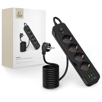 Tomada de alimentação Tech-Protect PCL4X3 - 4 tomadas com 2 USB-A e 1 USB-C, cabo de 200cm - Preto