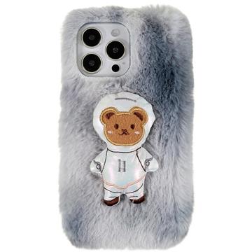 Capa de TPU 3D Plush Inverno Peludo para iPhone 14 Pro Max - Urso Cinzento