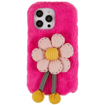 Capa de TPU 3D Plush Inverno peludo para iPhone 14 Pro - Flore rosa choque