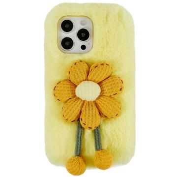 Capa de TPU 3D Plush Inverno peludo para iPhone 14 Pro - Flor Amarelo