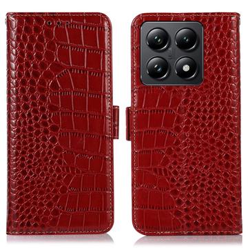 Bolsa de Pele Tipo Carteira Crocodile com RFID para Xiaomi 14T Pro - Vermelho