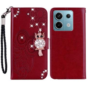 Capa de carteira com strass de coruja para Xiaomi Redmi Note 13 - Vermelho