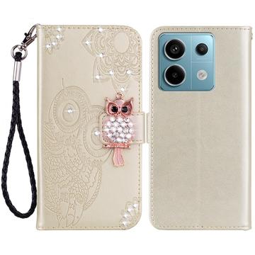 Capa de carteira com strass de coruja para Xiaomi Redmi Note 13 Pro/Poco X6 - Dourado