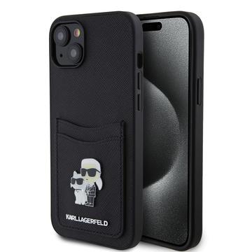 Capa Karl Lagerfeld para iPhone 15 Karl Lagerfeld Saffiano com ranhura para cartões Metal Karl & Choupette - Preto