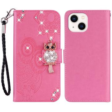 Capa para carteira iPhone 15 Owl Rhinestone - Cor-de-Rosa Forte