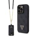 Capa com Alça Crossbody Guess 4G Strass Triangle Metal Logo para iPhone 15 Pro - Preto