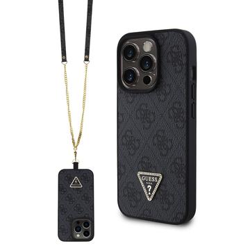 Capa com Alça Crossbody Guess 4G Strass Triangle Metal Logo para iPhone 15 Pro - Preto