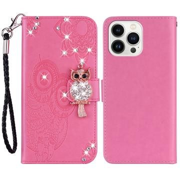 Capa para carteira iPhone 15 Pro Max Owl Rhinestone - Cor-de-Rosa Forte