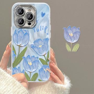 Capa TPU com padrão de tulipa para iPhone 15 Pro Max - Azul