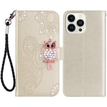 Capa para carteira iPhone 15 Pro Owl Rhinestone - Ouro