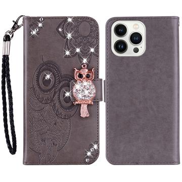 Capa para carteira iPhone 15 Pro Owl Rhinestone - Cinzento