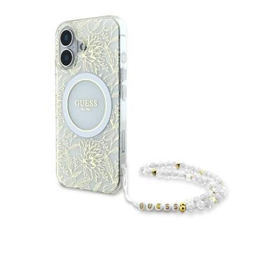 Capa com alça de pérola para iPhone 16 Guess IML Flowers Allover Electro - Compatível com MagSafe