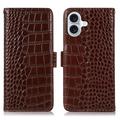 Bolsa de Pele Tipo Carteira Crocodile com RFID para iPhone 16 Plus - Castanho