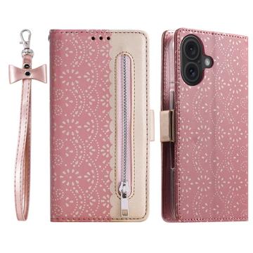 Bolsa tipo Carteira Lace Pattern para iPhone 16 Plus - Cor-de-Rosa Dourado