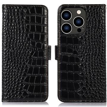 Bolsa de Pele Tipo Carteira Crocodile com RFID para iPhone 16 Pro