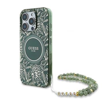 Capa com alça de pérola para iPhone 16 Pro Guess IML Flowers Allover Electro - Compatível com MagSafe