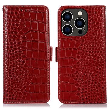 Bolsa de Pele Tipo Carteira Crocodile com RFID para iPhone 16 Pro Max - Vermelho