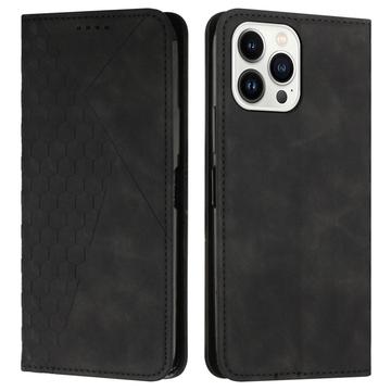 Capa para carteira com padrão de losango para iPhone 16 Pro Max com fecho magnético - Preto